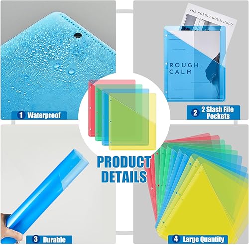 Miniatura 3 de 48 piezas de poliéster translúcido para archivos, archivadores, con 3 agujeros, 3 anillas, fundas de plástico para documentos de papel (multicolor)