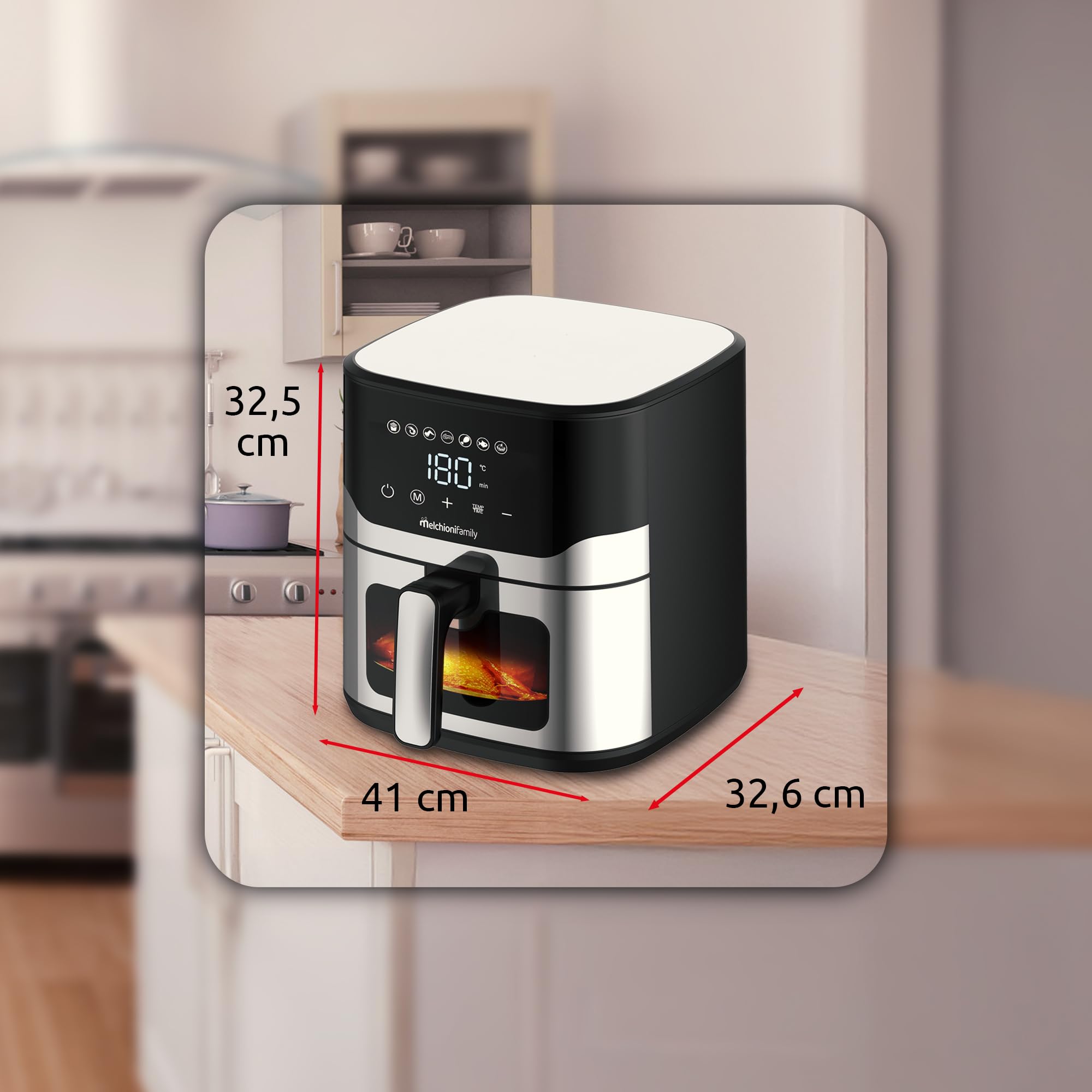 Melchioni Family | MATILDE Friggitrice ad Aria 8L 2200W di Potenza, Cestello Removibile con Maniglia, Griglia Separagrassi, Timer 60 Min, Cottura Light con -80% di Grassi