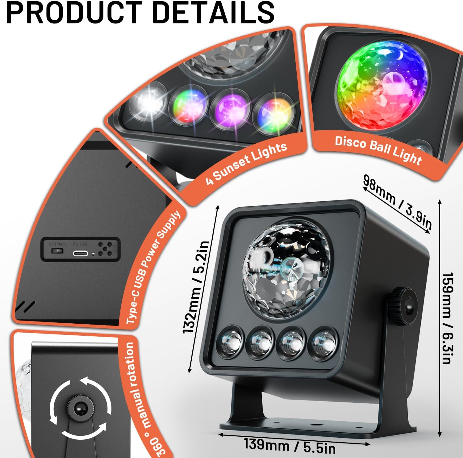 2 Pack Disco Ball Light Party Lights, LED Dj Disco Light Sunset Lamp Projector Strobe Light Sound Activated Stage Lights with Remote Control for Home Room/Parties/Kids Birthday/Wedding/Wall/Bar/Decor