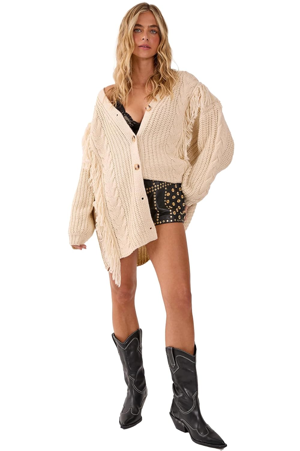 Nasty Gal Womens Fringe Cable Mix Longline Knitted Cardigan