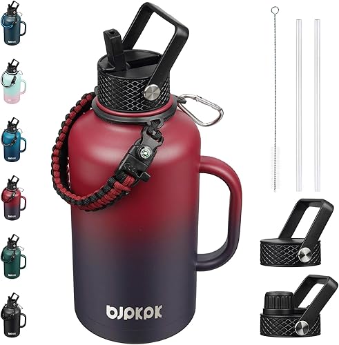 Miniatura 30 de BJPKPK Botella de agua de 1 galón aislada con tapa con pajita, 50oz, 64oz, 87oz, 128oz grande, botellas de agua de acero inoxidable con 3 tapas y