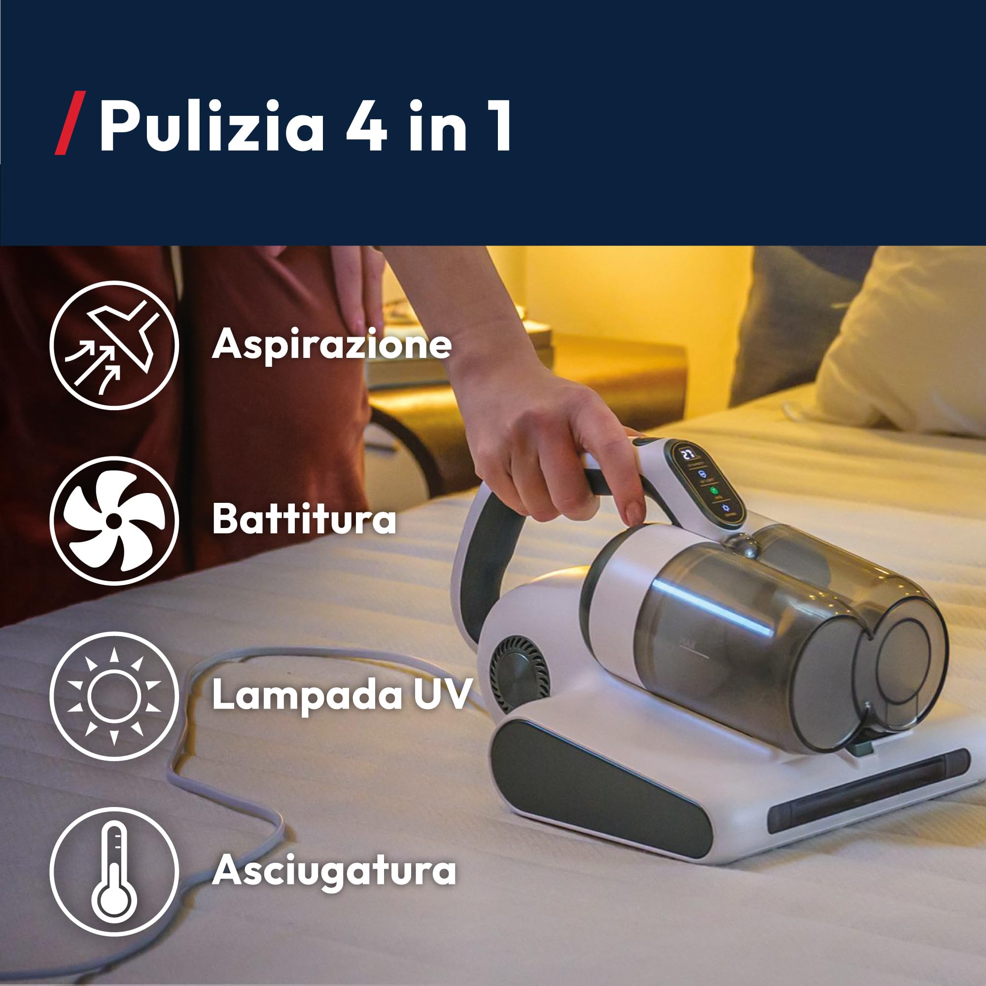 Hoover Battimaterasso HMC5, 4 Funzioni Automatiche: Battitura, Aspirazione, Lampada UV e Asciugatura, Leggero specificamente per l'eliminazione degli acari della polvere, ideale per letti, divani