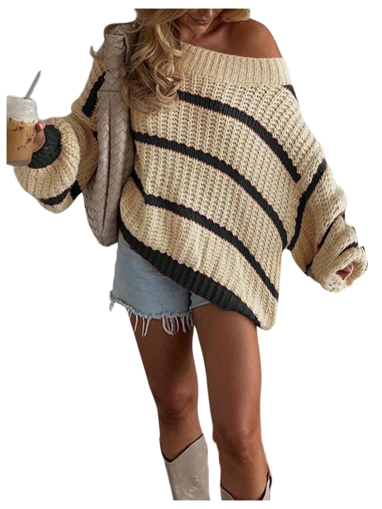 MakeMeChic Womens Off The Shoulder Sweater Striped Long Sleeve Knit Chunky Pullover Oversized Sweater