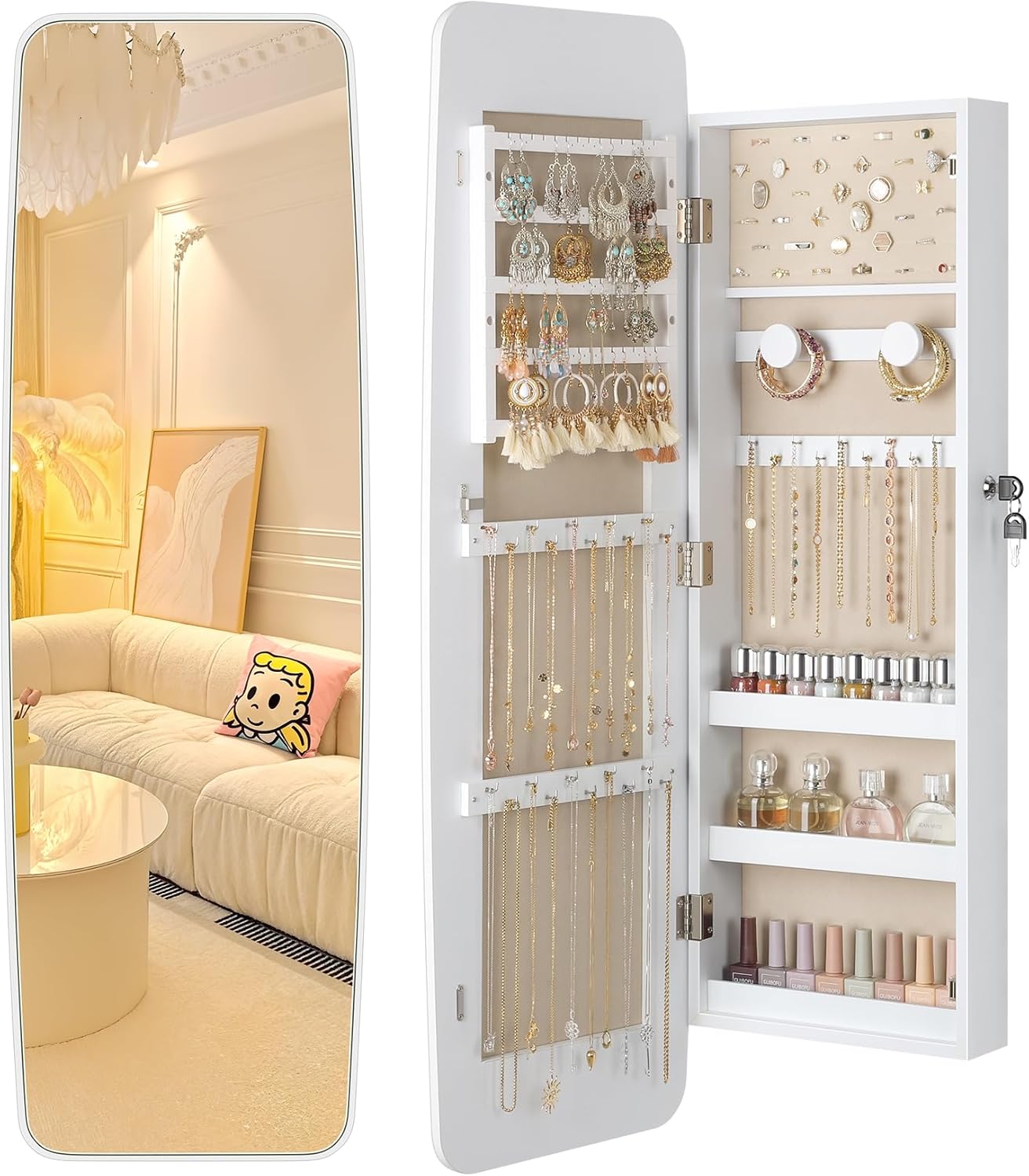 Nicetree Lockable Wall Mounted Jewelry Armoire with Full Length Panoramic Mirror, Rounded Hanging Organizer, Moon White