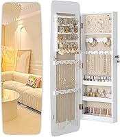 Nicetree Lockable Wall Mounted Jewelry Armoire with Full Length Panoramic Mirror, Rounded Hanging Organizer, Moon White