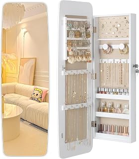 Nicetree Lockable Wall Mounted Jewelry Armoire with Full Length Panoramic Mirror, Rounded Hanging Organizer, Moon White