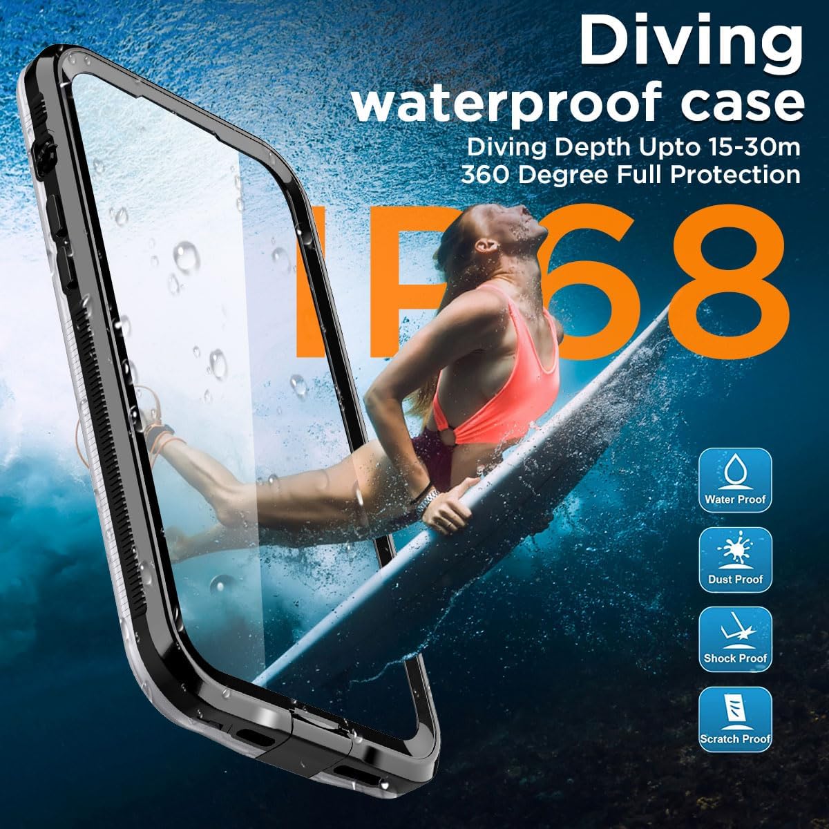 AICase Self-Check Waterproof Phone Case for iPhone 14 Pro Max, Underwater Touchscreen Diving Phone Case Built-in Screen Protector for Shower, Bike, Beach, Snorkeling