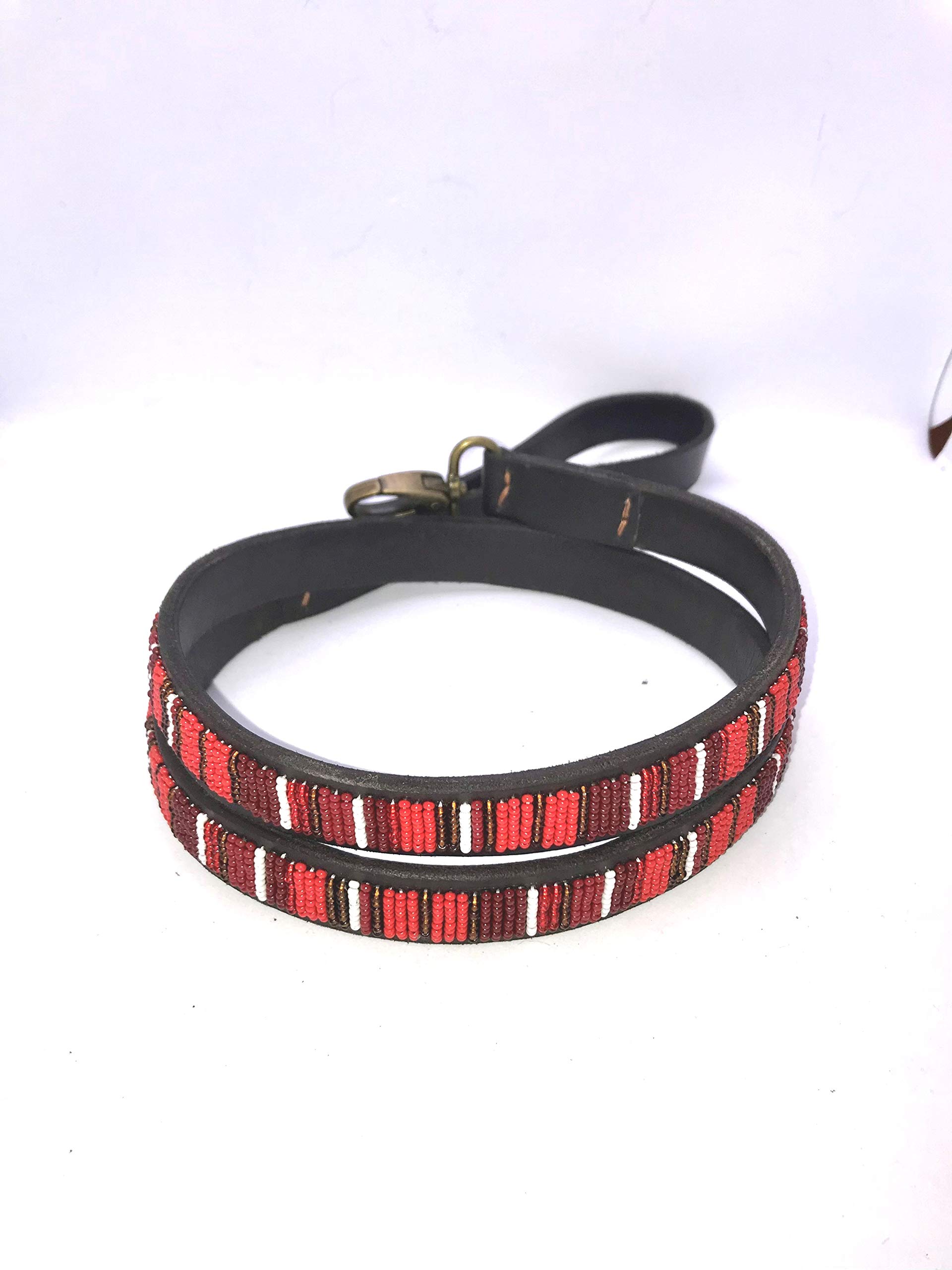 Beaded leather Toy & Small Dog Lead - 44" (112cm) long Width 1/2" (1.5cm) & 3/4" (2cm) (Medium dog lead - 3/4" wide - 44" Long, "Red" beading)