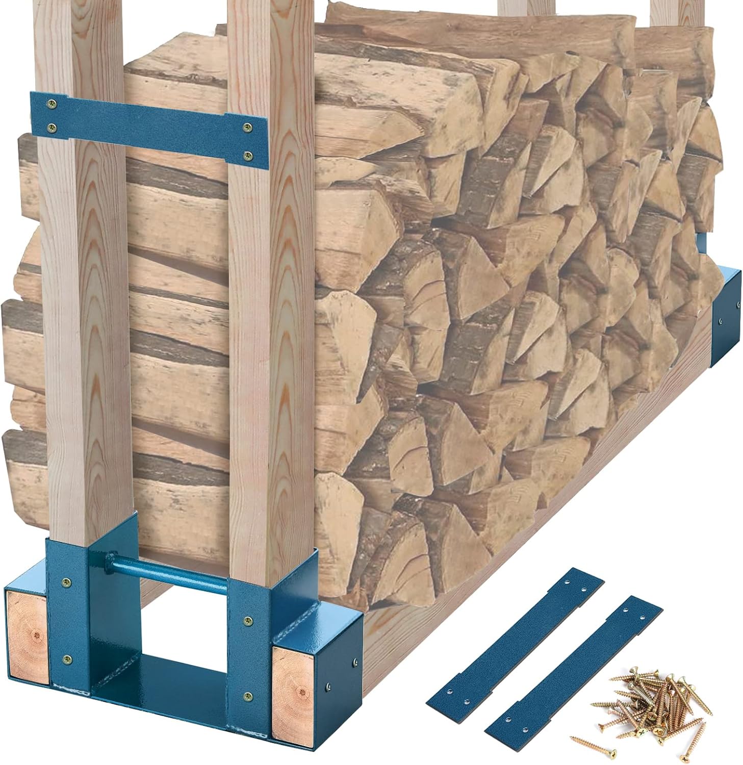MOFEEZ Outdoor Firewood Log Storage Rack 2x4 Bracket Kit, Fireplace Wood Storage Holder, Adjustable to Any Length - Dark Blue, Two Bases