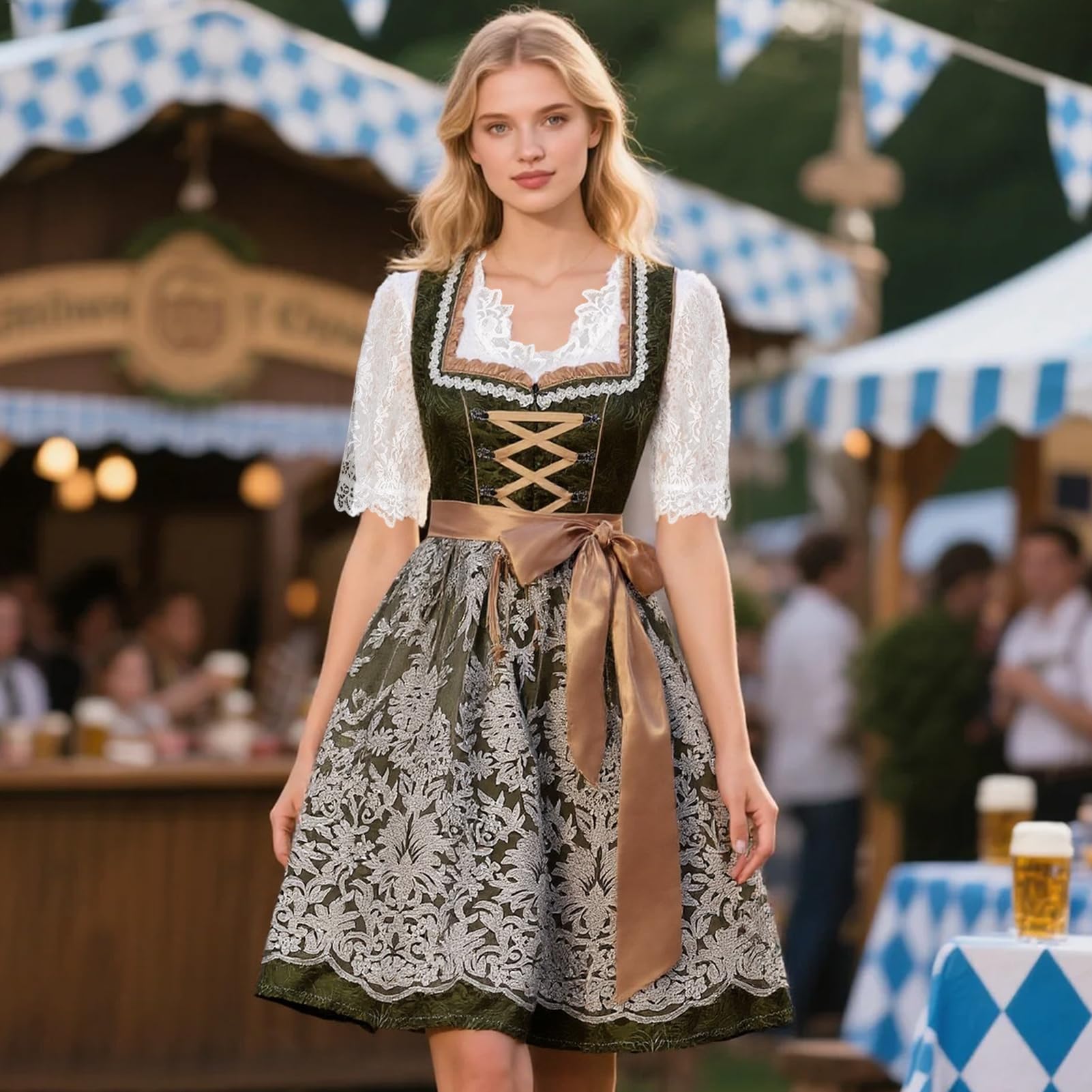 Oktoberfest Outfits für Damen, Trachtenkleid Trachtenmode für Oktoberfest, Dirndl Damen Midi Grün Oktoberfestkleider