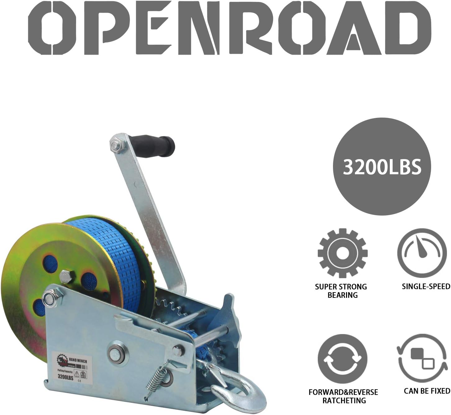 OPENROAD 3200lbs Boat Winch with Bule Strap, Handle Crank Winch with 10M Strap,Suitable for Boat Winch to Fix Heavy Objects (3200lbs): Home Improvement