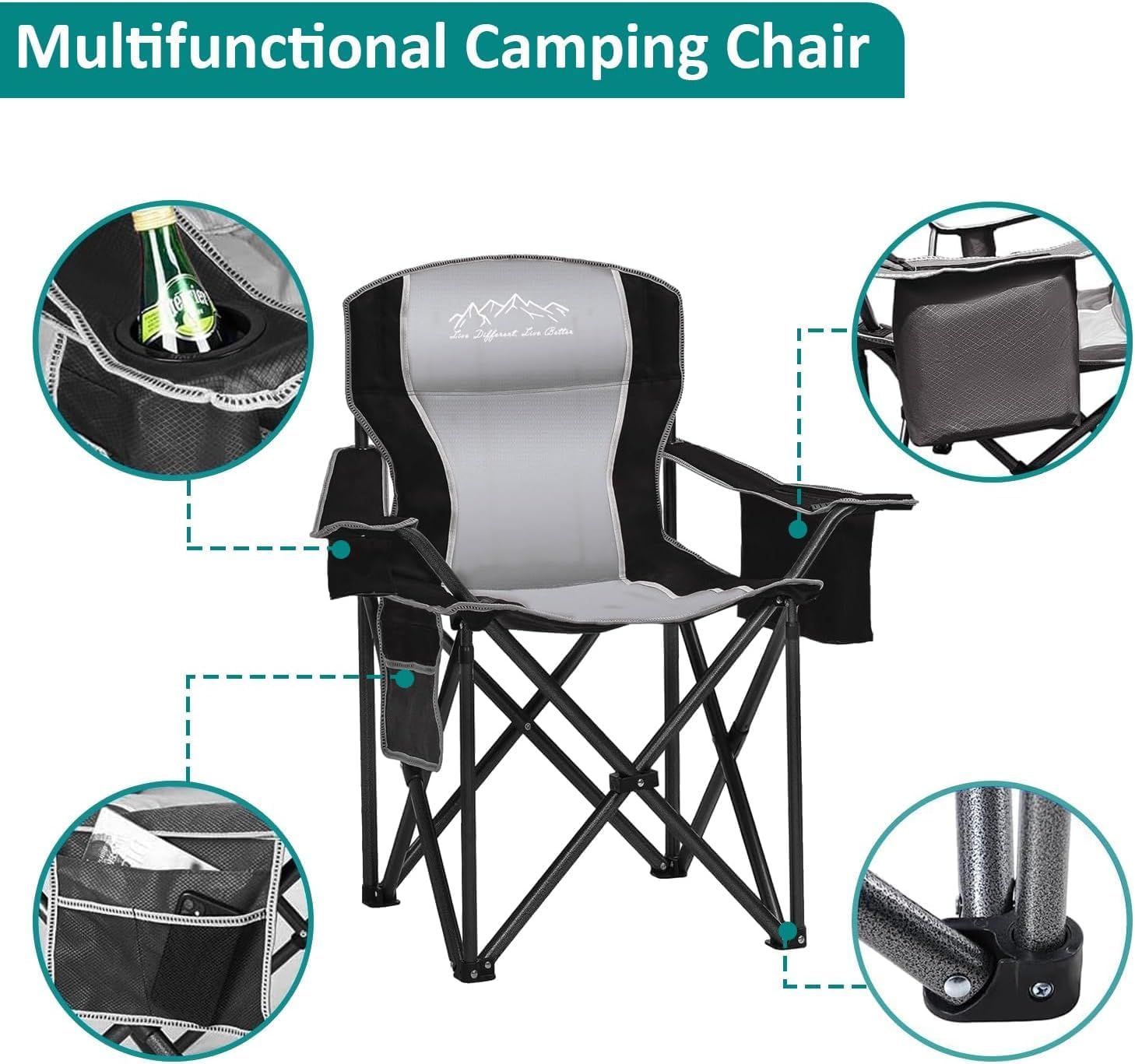 Camping Chair Heavy Duty High Back Folding Chair with Cup Holder, 450lbs Capacity, Padded Seat, Cooler Bag & Storage Pocket, Portable for Outdoor, Beach, Fishing, Sports, Black - Image 5
