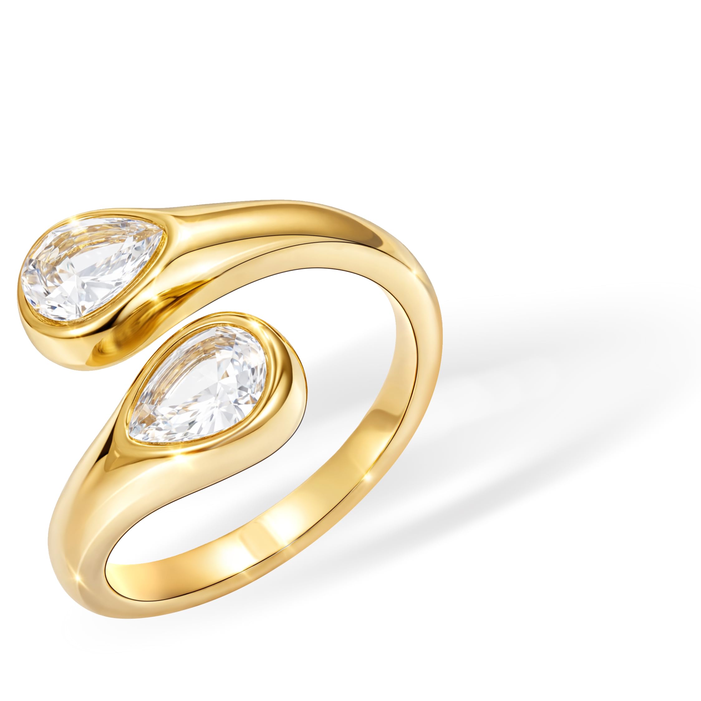 14K Gold Plated Toi et Moi Ring, Stainless Steel Adjustable Pear Cut Open Wedding Band, Silver Non Tarnish Hypoallergenic Promise Ring, Thumb Pinky Rings for Women