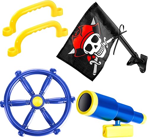 Junkin 5 piezas de equipo de parque infantil, volante pirata, telescopio pirata, asas de seguridad, banderas piratas para patio al aire libre, juego