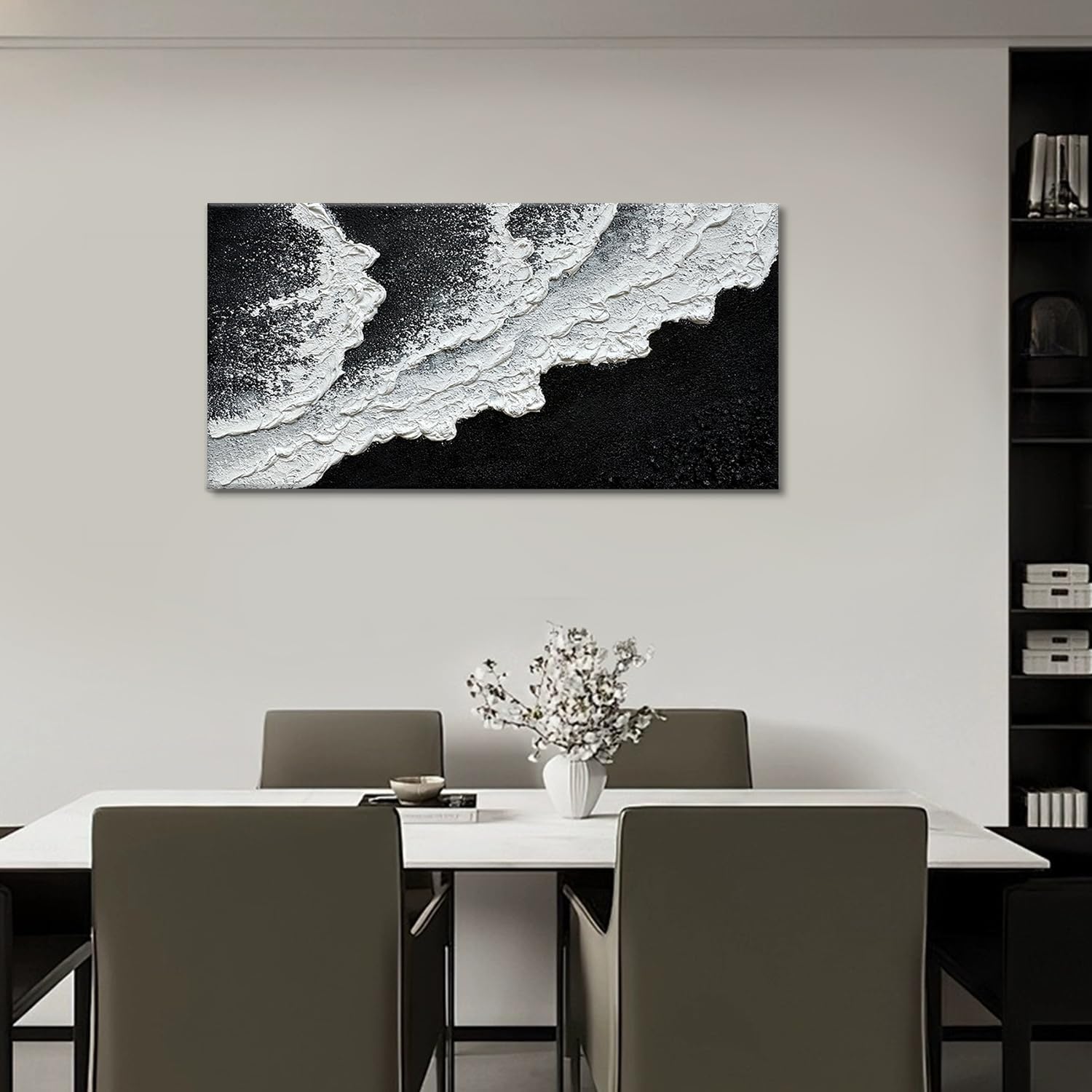 Black and White Beach Wave Textured Wall Art 3D Oil Painting Hand Painted Abstract Canvas Framed 40x20 Inch Acrylic Painting