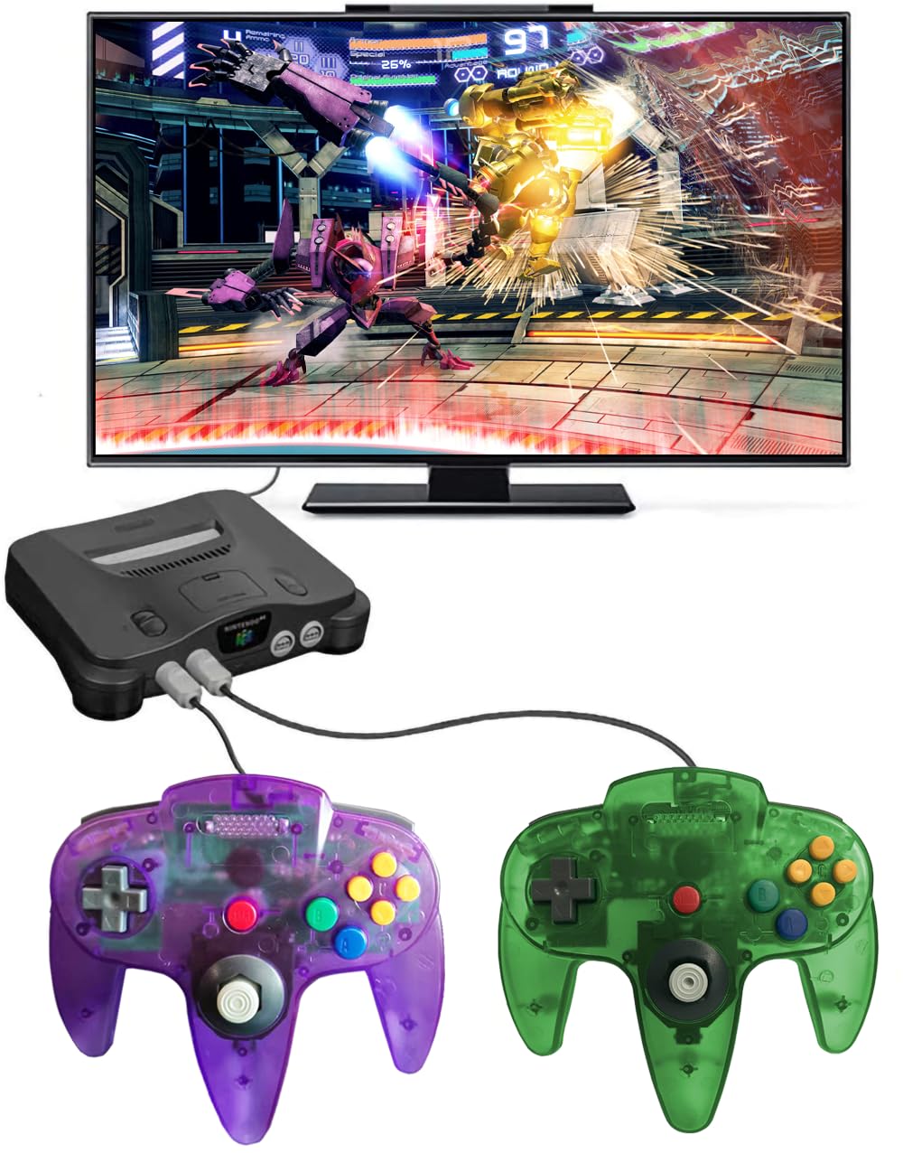 ZeroStory Klasyczny kontroler N64, przewodowy kontroler N64 z kablem AV 1,5 m N64 do konsoli do gier wideo N64 (przezroczysty, zielony i przezroczysty, fioletowy)