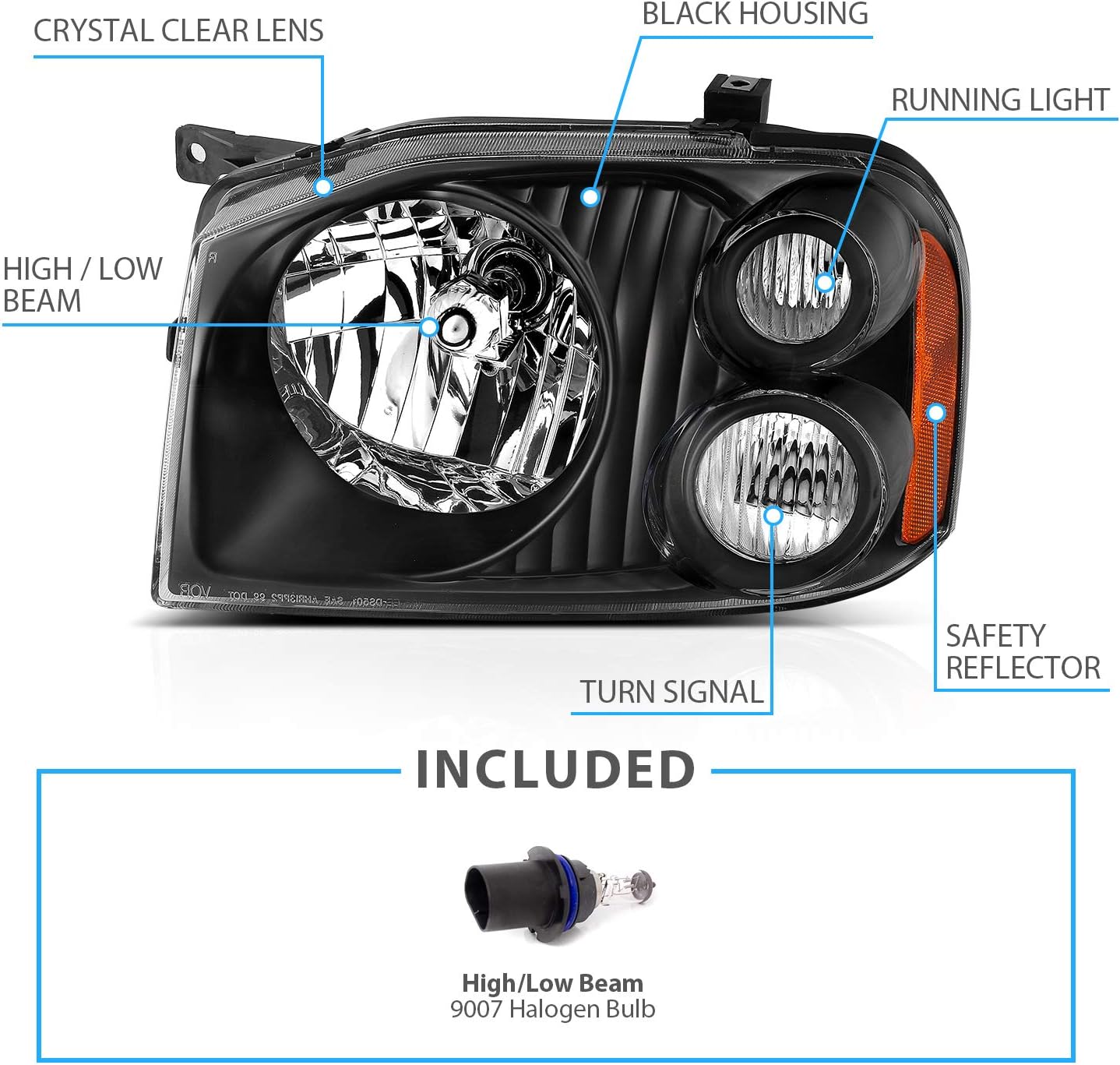 AmeriLite 2001-2004 Replacement Halogen Headlights For Nissan Frontier Pickup Truck D22 Base/SE/SC/XE (Pair) With Hi/Lo Beam Bulb, Vehicle Light Assembly, Black