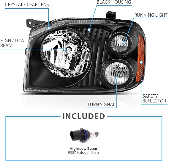 AmeriLite 2001-2004 Replacement Halogen Headlights For Nissan Frontier Pickup Truck D22 Base/SE/SC/XE (Pair) With Hi/Lo Beam Bulb, Vehicle Light Assembly, Black