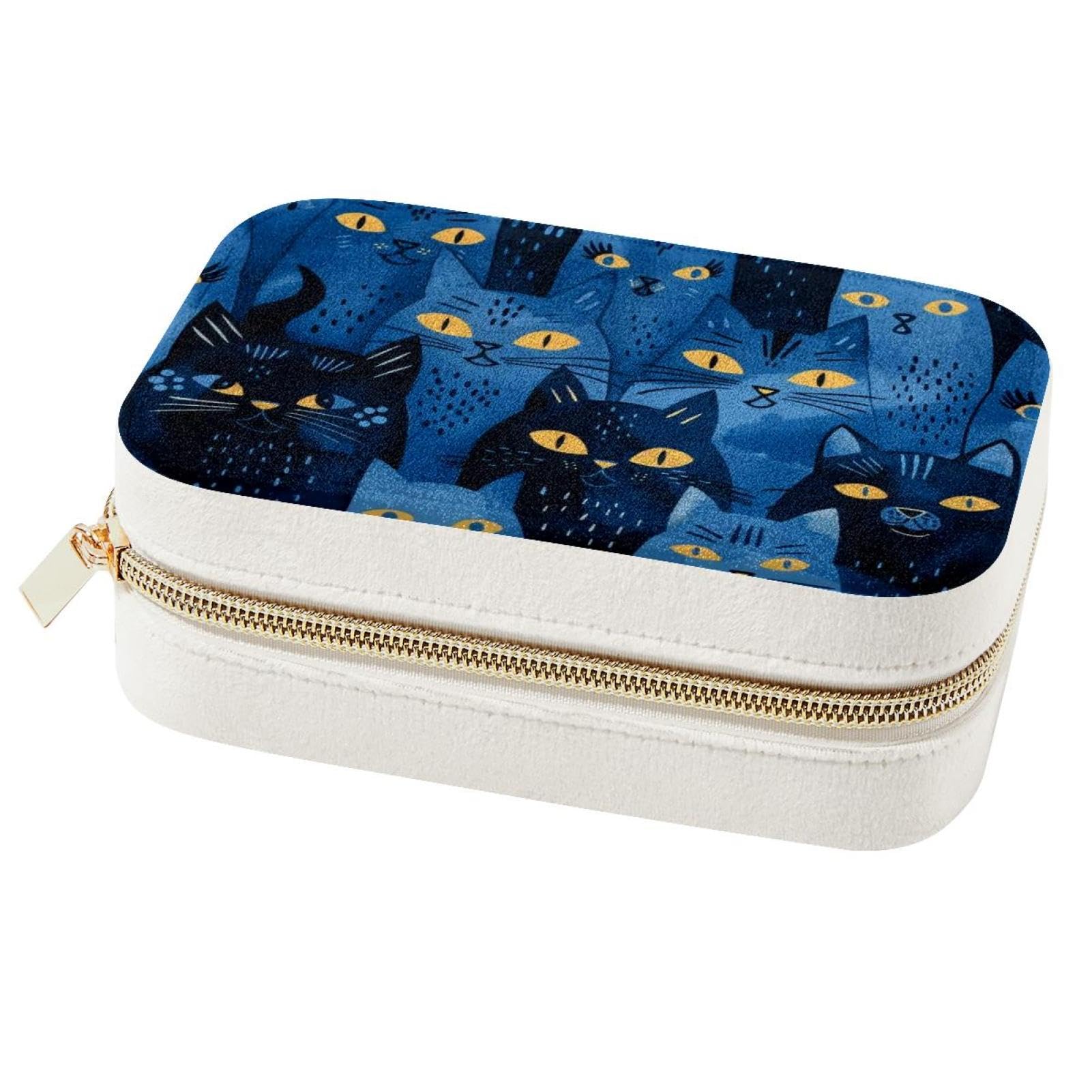 Boîte à bijoux portable chat bleu foncé pour voyage et rangement bagues