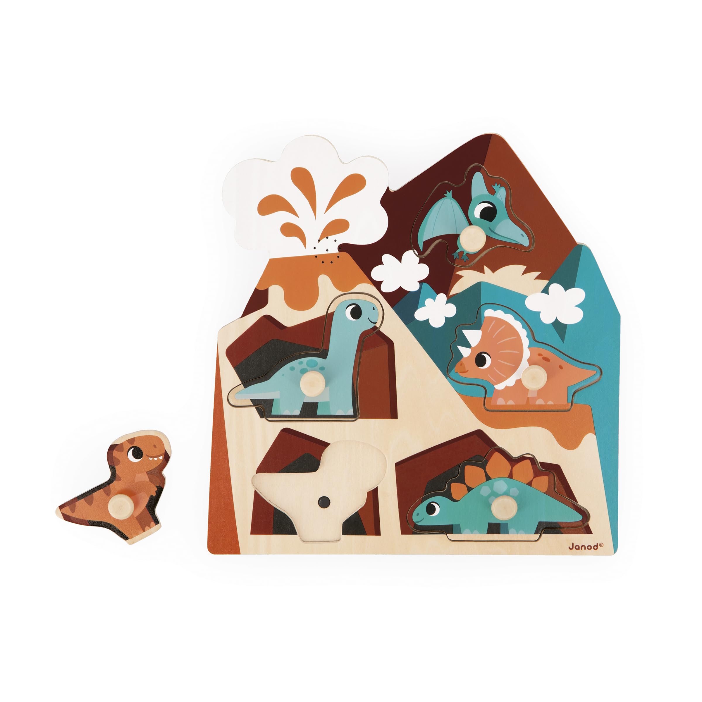 Janod - Wooden Dino Sound Puzzle - 5 Pieces that Trigger Dinosaur Sounds - Develops Motor Skills and Hearing - Ages 18 months and up