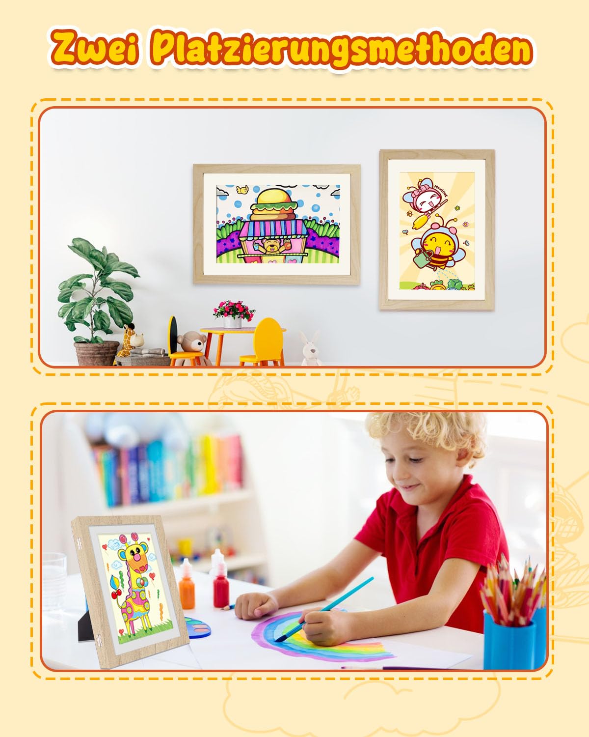 Kinder Bilderrahmen, 2 Stück A4 Befüllba Bilderrahmen für Kinder mit Frontöffnung und Halterung zum Aufhängen oder Aufstellen von Kinderzeichnungen, Kunstprojekten (Holz)