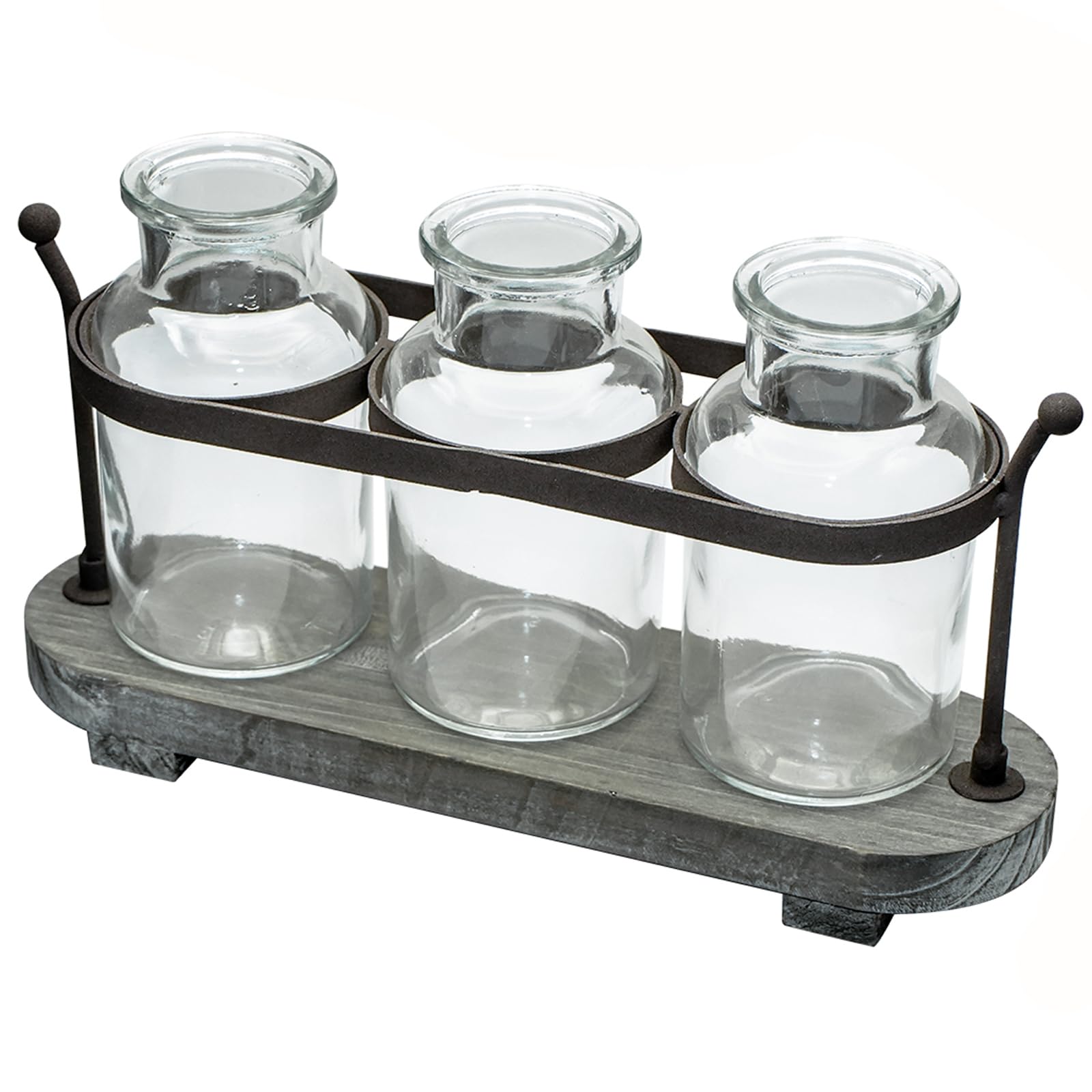Anzuchtstationen mit rustikalem Holz-Metallständer, Glasvasen-Set mit Weidenkorbhalter, 3 Flaschen, rustikales Bauernhaus-Dekor, Heim- und Büro-Tischdekoration (Set mit 3 Flaschen)
