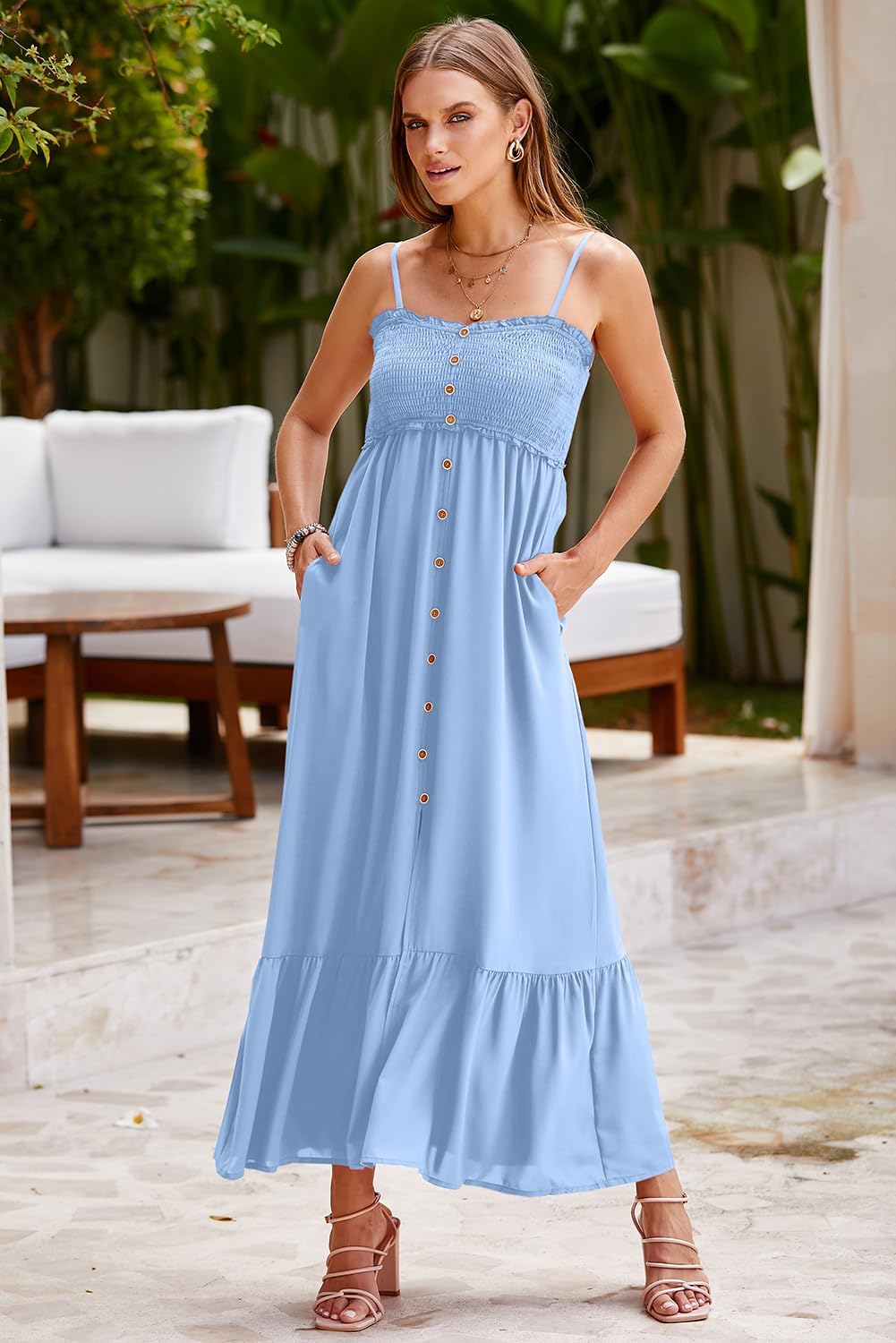 Dokotoo Womens Summer Dresses 2026 Sleeveless Spaghetti Strap Button Down Smocked Beach Vacation Long Maxi Dress with Pockets - Image 6