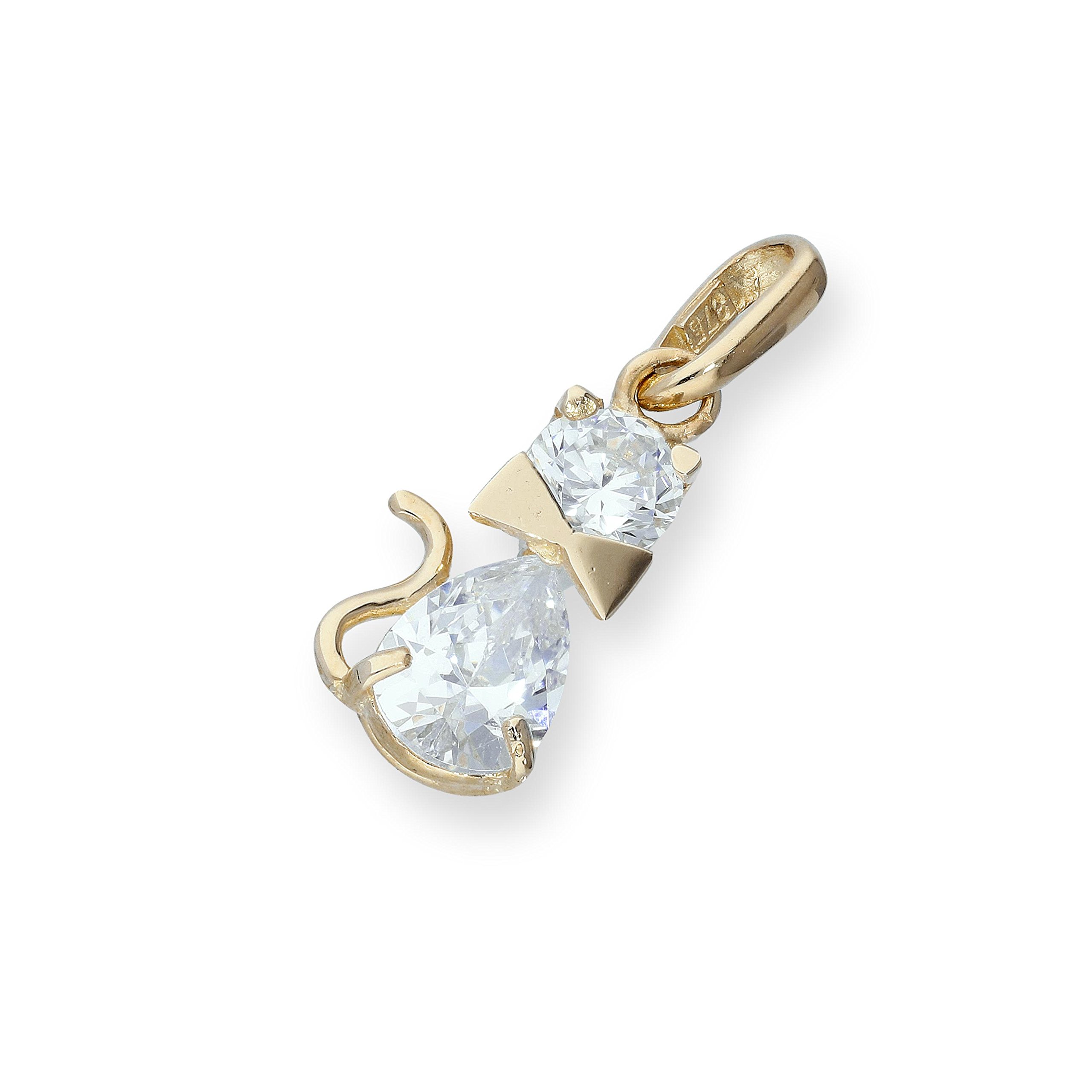 Ciondolo in oro giallo 9kt e pietre Cubic Zirconia CZ a forma di gatto con collarino a fiocchetto