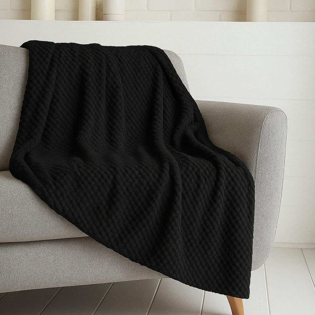 Bloom Blends Black Luxury Popcorn Waffle Fleece Throw Blanket – Soft Warm Fluffy Bed & Sofa Blanket For Home, Couch & Settee | Thermal Cozy Reversible Design – Machine Washable (, Double (150Cm X 200Cm))