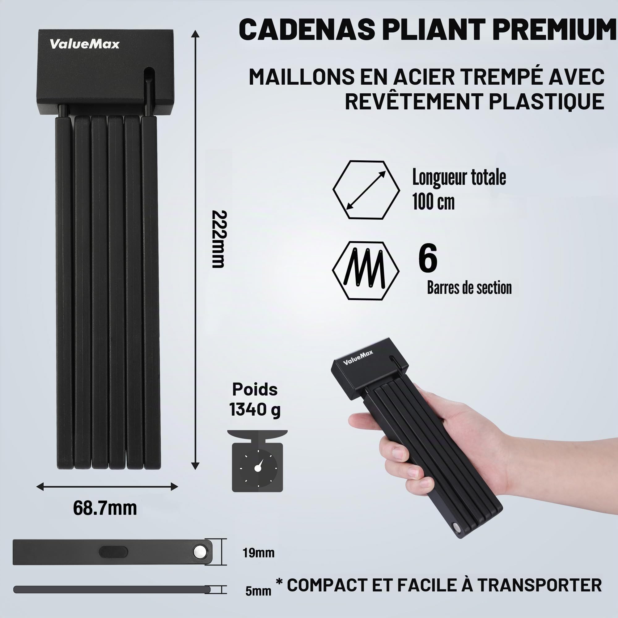 ValueMax Antivol Vélo Pliant, Serrure de Vélo Pliant Robuste | Extra Long 100cm, 6 Branches avec 2 Clés et Support de Montage pour Vélo/Moto/Scooter/Porte Pliable
