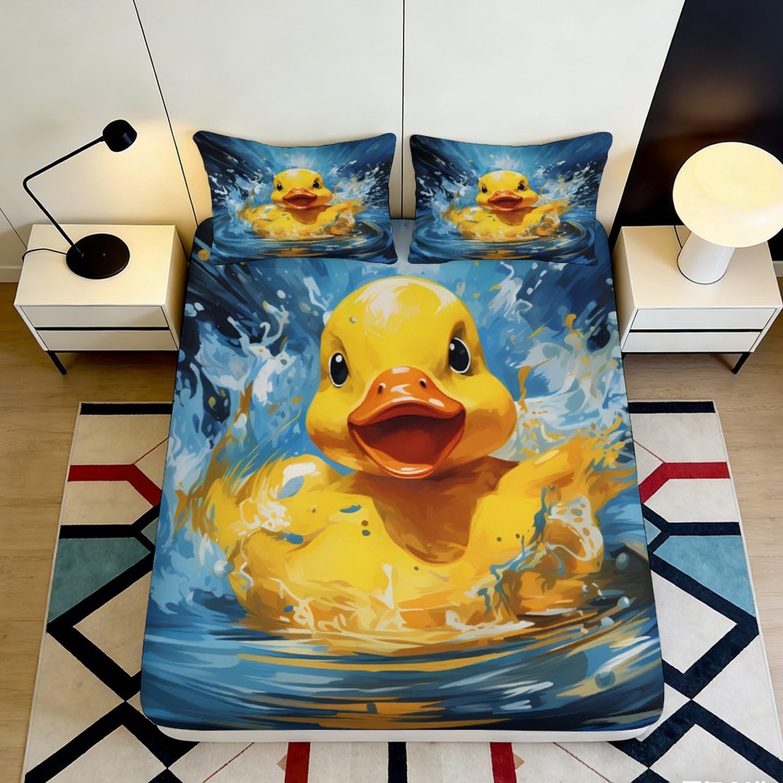 Pnayamiorkfel Style-10 3D Printed Yellow Duck Splash Fitted Sheet Microfiber Soft Decorative Blue Water Bed Cover For Bedroom Guest Room 90X200x25cm