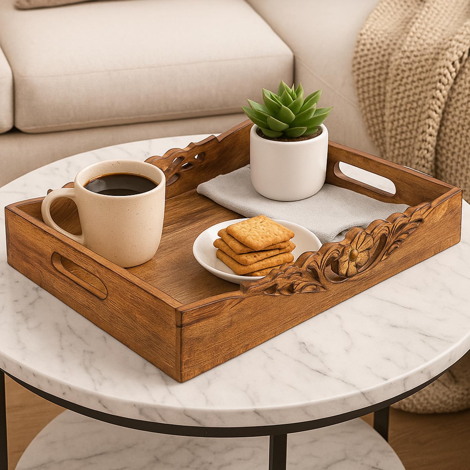 Mela Artisans Orchid Design Wooden Decorative Tray with Handles | 16x12x2.5 Mango Wood Ottoman Tray | for Kitchen Countertop | Coffee Table | Snacks | Desserts | Breads | Bedroom Decor - Image 6