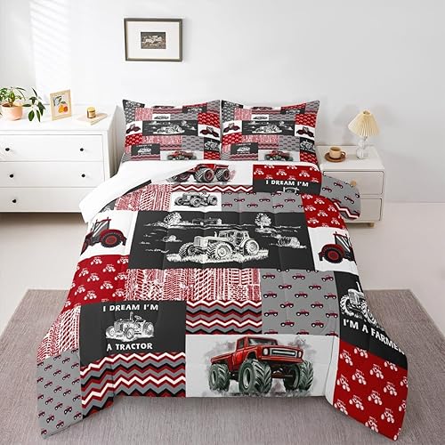 Miniatura 2 de Erosebridal Juego de ropa de cama de tractor rojo para niños, juego de edredón de tractor de construcción, para niños, adolescentes, equipo de