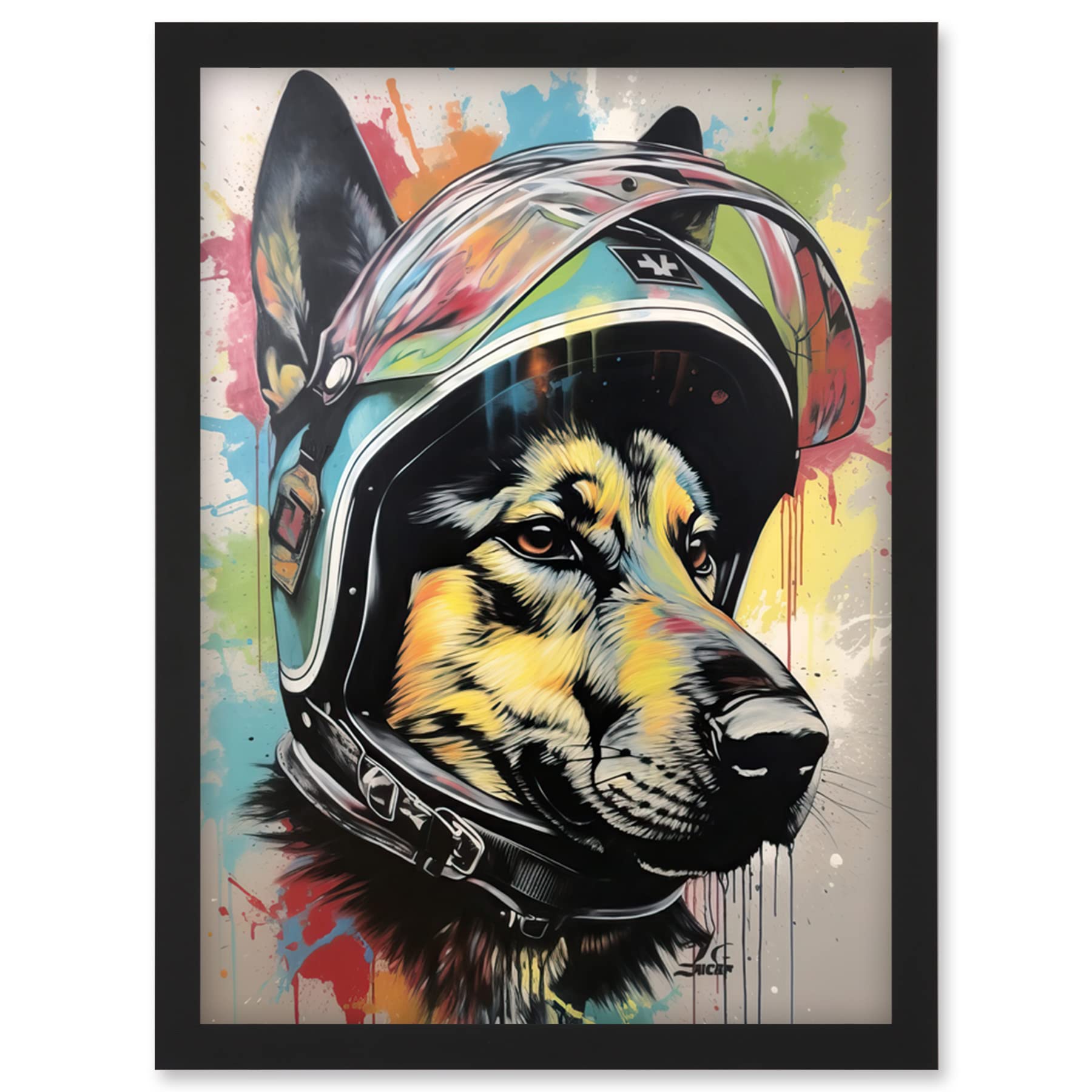 B&Q -  German Shepherd Dog Wearing Motorcycle Helmet Wall Art PrintA4 Size
