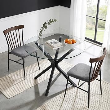 Blisswood Round Dining Table, Dining Table for 4 Seater, 90cm Tempered Glass Kitchen Table with Black Cross Base Iron Legs, Modern Dining Room Furniture for Breakfast, Home, Apartment & Small Spaces