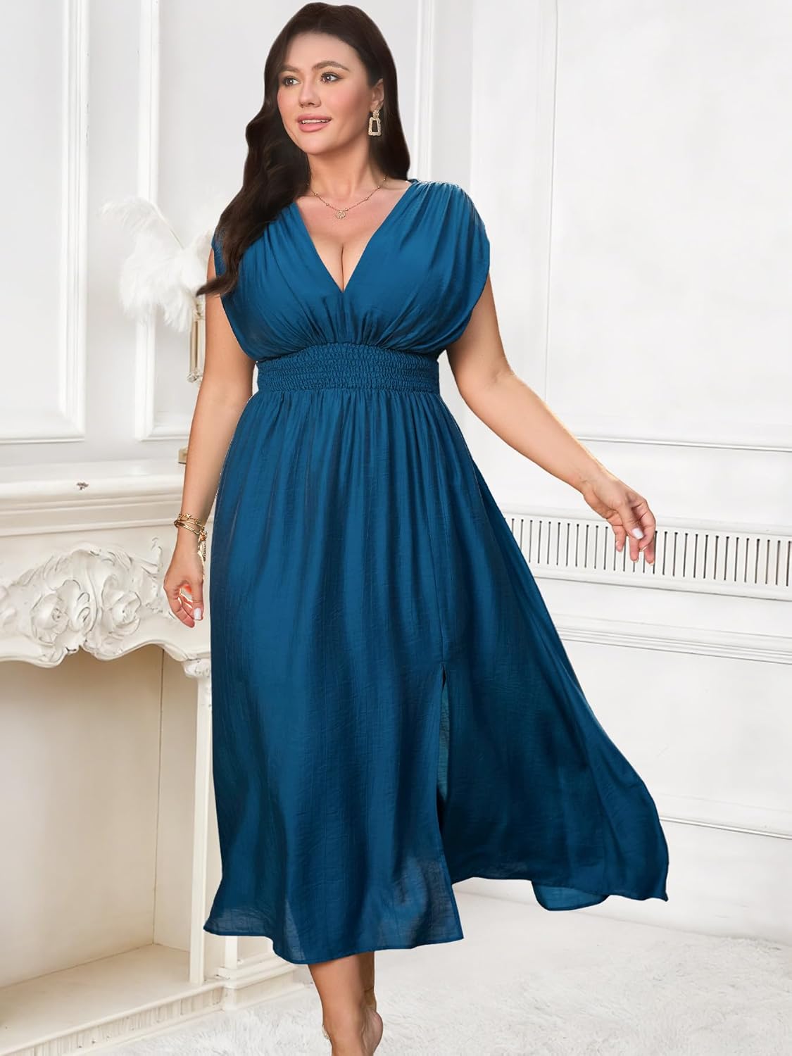 Womens Plus Size Dresses Short Sleeve V Neck Casual Dress Elastic Waist Flowy A Line Long Maxi Dresses - Image 6