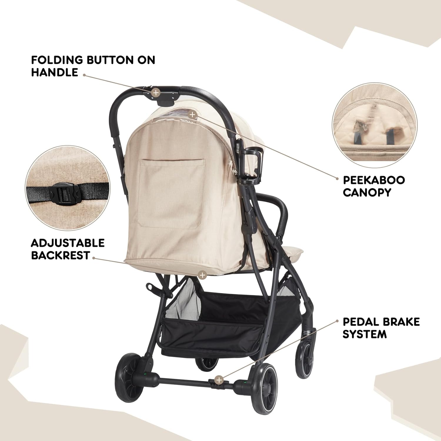 Image showing the folding button on the handle, adjustable backrest, peekaboo canopy, and the pedal brake system of the HARPPA S5506 stroller.