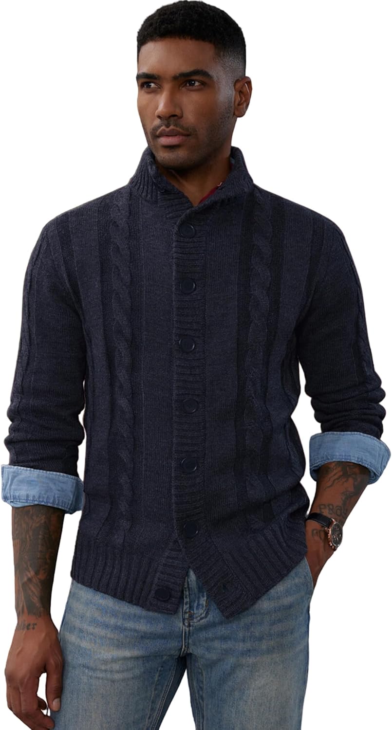 PJ PAUL JONES Mens Cable Knit Cardigan Sweaters Casual Stand Collar Slim Fit Long Sleeve Button Down Sweaters - Image 3