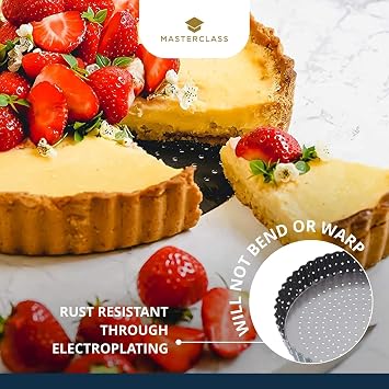 MasterClass KCMCCB39 Crusty Bake 20 cm Perforated Quiche Tin with PFOA Non Stick and Loose Bottom, Fluted, Robust 1 mm Carbon Steel, Grey