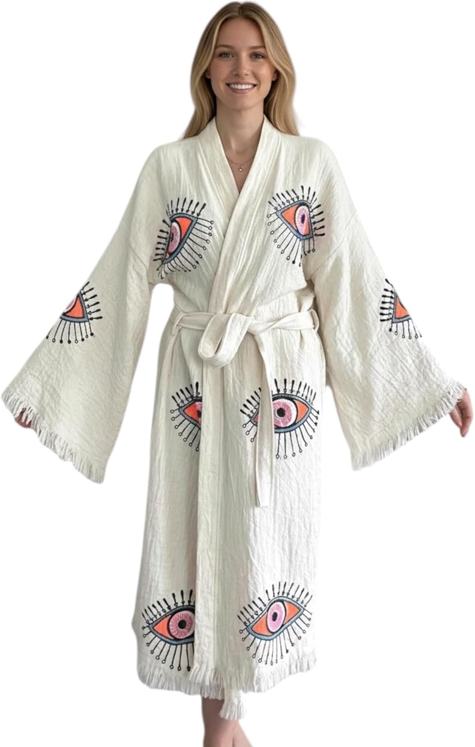 Pinus Evil Eye Kimono Robe with Pockets Hand Painted, 100% Cotton, Robe, Loungewear, housecoat One Size Fits XS-XL