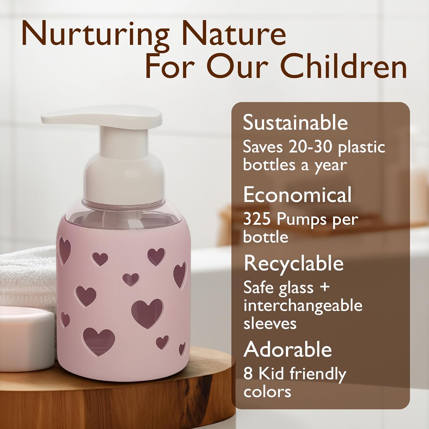 SoCal Suds & Company Foaming Hand Soap Dispenser Glass, Liquid Soap Pump with Heart Silicone Sleeve, Refillable Bottle for Kids, Baby Wash & Shampoo, Ideal for Bathroom & Kitchen Use, Soft Pink, 8oz - Image 5
