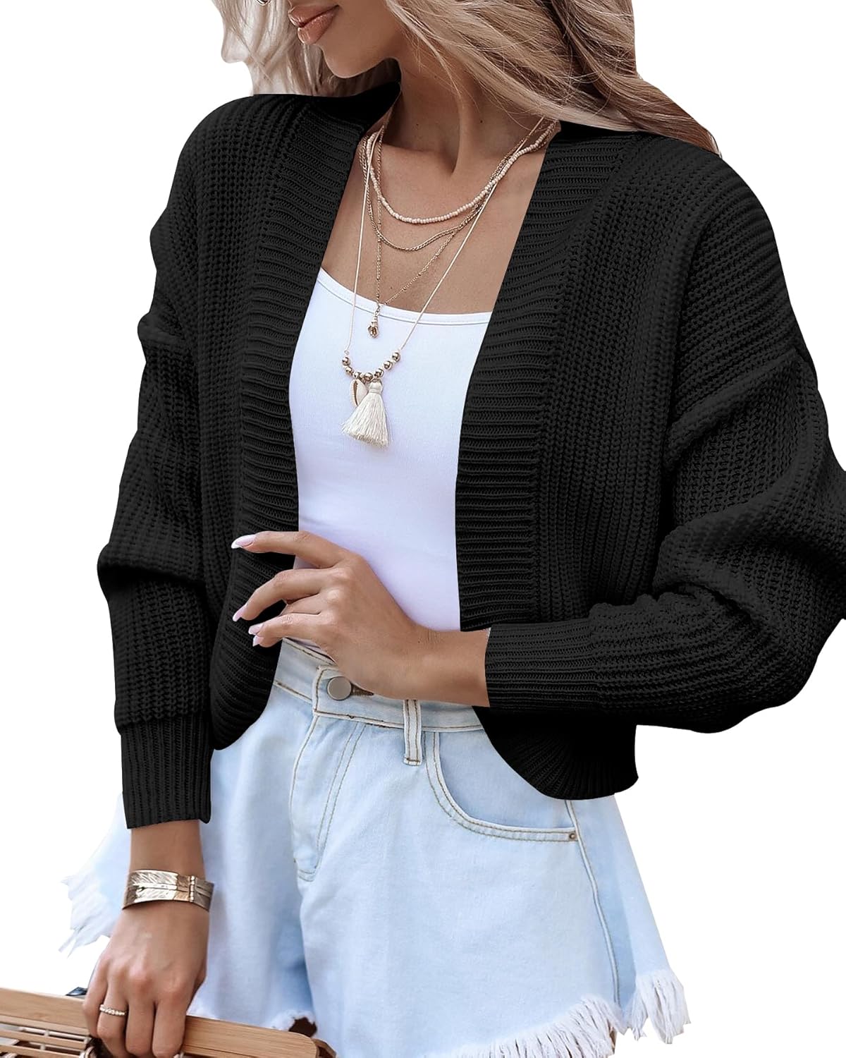 Amarmia Womens Long Sleeve Open Front Knit Cropped Cardigan Sweaters Casual Drop Shoulder Short Shrugs Sweater Coats