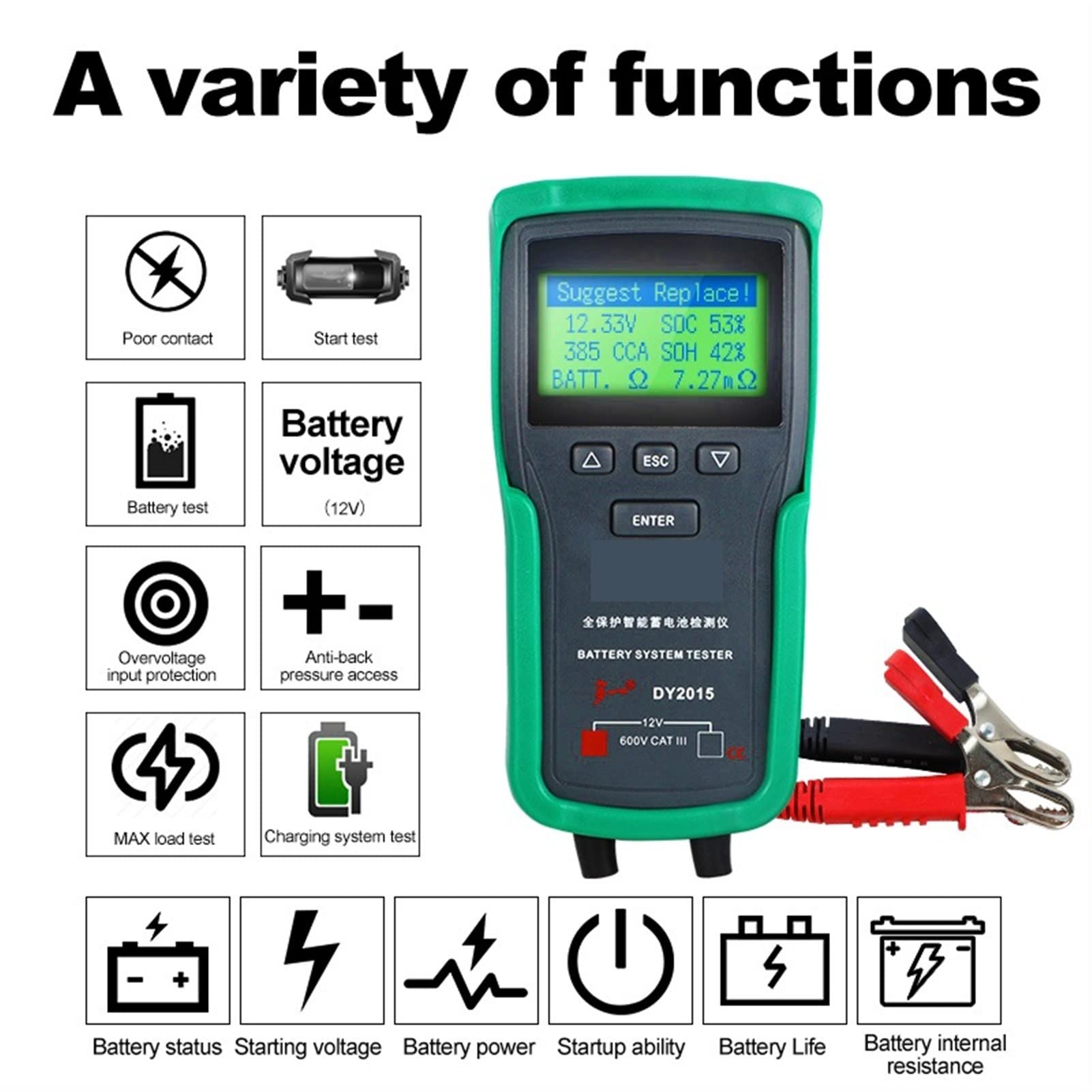 DY2015 12V. Strumenti del tester di carico automatico della batteria 100-170 0cca. Tester di caricamento Automotive Alternator Tester Digital Battery Analyzer