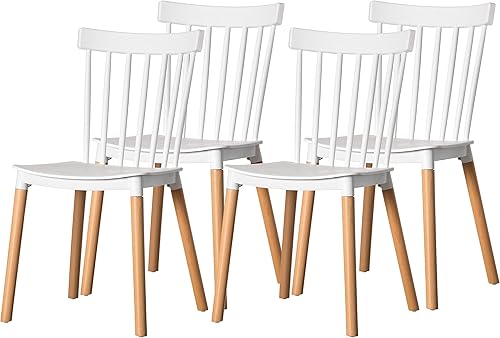 Fabulaxe Silla de comedor de plástico moderna diseño Windsor con patas de madera de haya, color blanco juego de 4 Juego de 4 blanco,Juego de 2