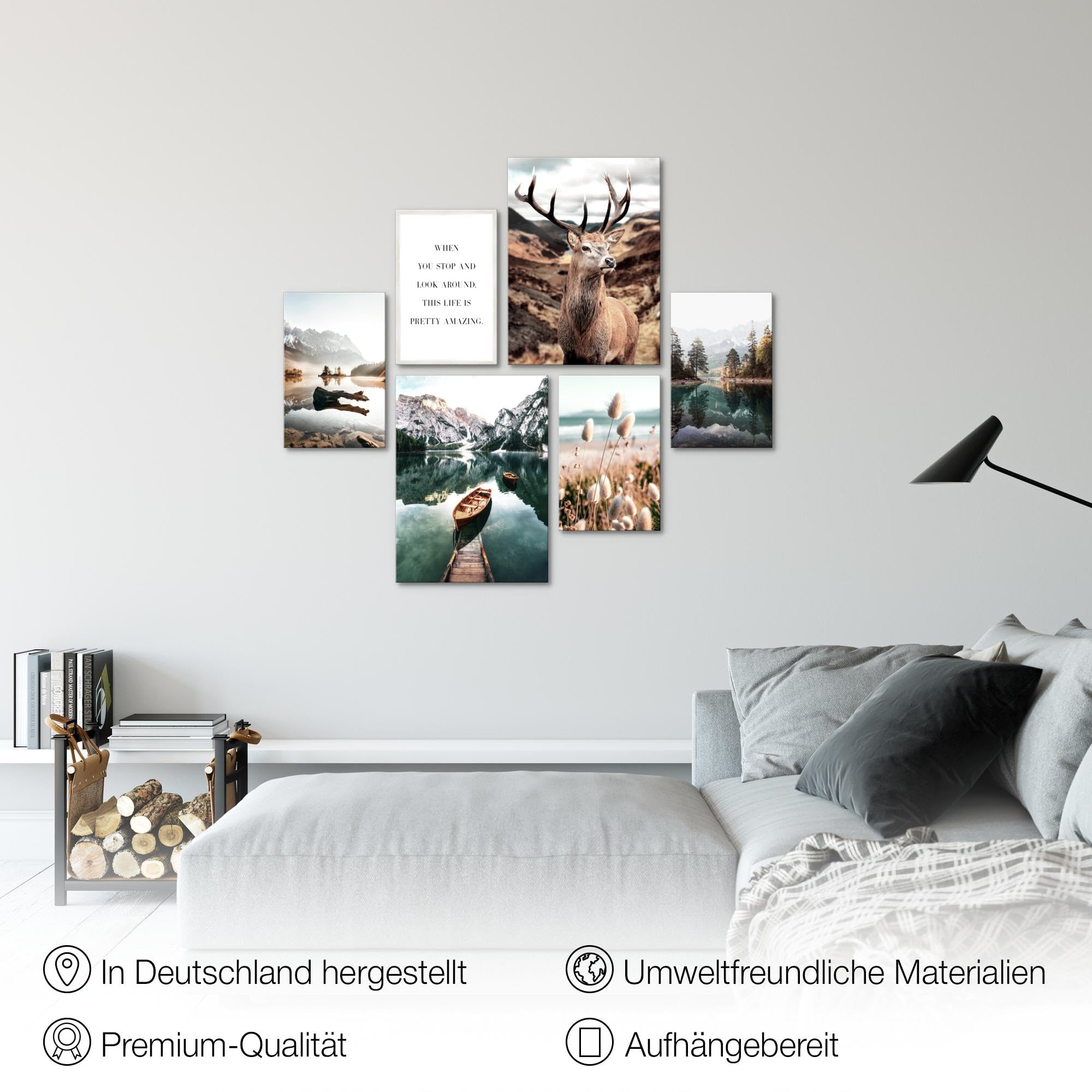 Novart Wandbilder Set Wald Hirsch Natur Berge - KEIN EXTRA RAHMEN BENÖTIGT - Modern Deko - Wohnzimmer Schlafzimmer N013263a