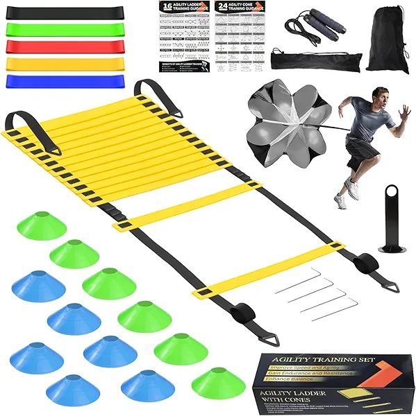 Speed Agility Training Equipment Set, Agility Ladder 20ft, 12 Football Cones, Resistance Parachute/Soccer Kick Trainer, Jump Rope, 5 Resistance Bands, Football Practice Equipment for Kids Adults