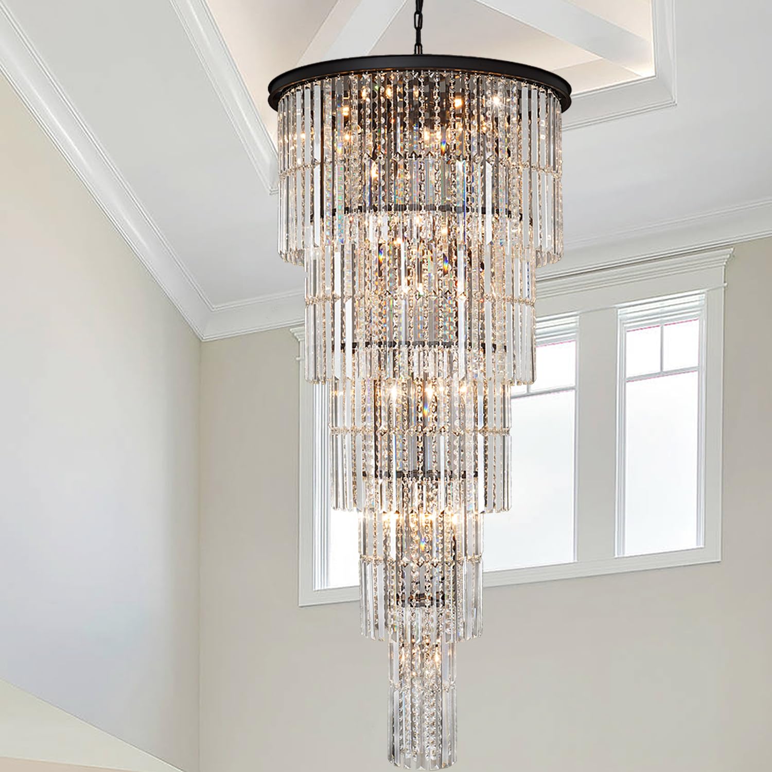 Photo 1 of (used untested) Arotikee Crystal Chandelier for High Ceiling, Modern Foyer Entryway Chandelier Lighting Fixture for Dining Room Staircase Height 62" - 37 Lights Black & Bronze
