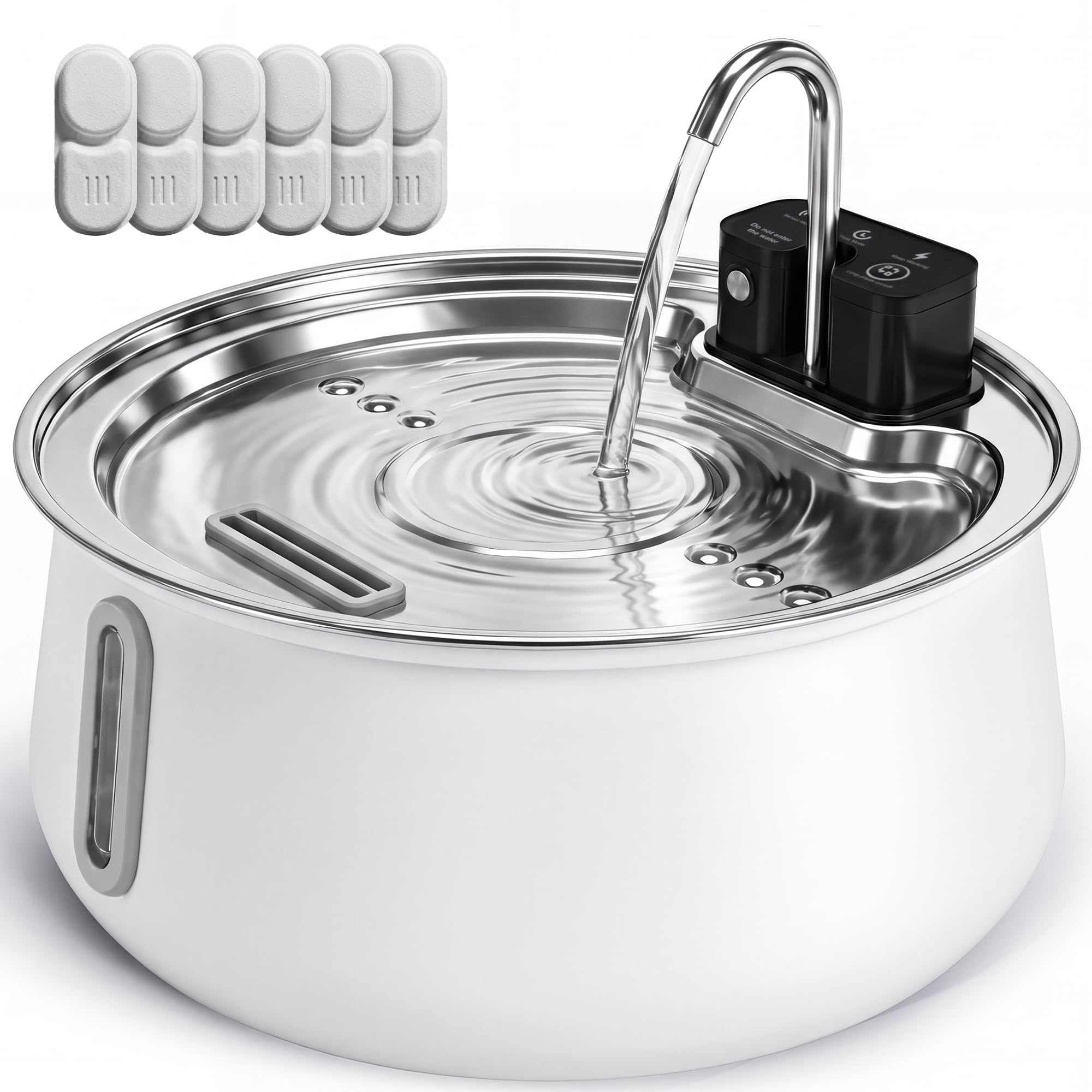 Cattasaurus Wireless 304 Stainless Steel Cat Water Fountain with Filtration, Automatic Water Dispenser for Cats, 135oz Large Capacity, Dishwasher Safe (White, Fountain + 6 Filters (6-Week Supply))