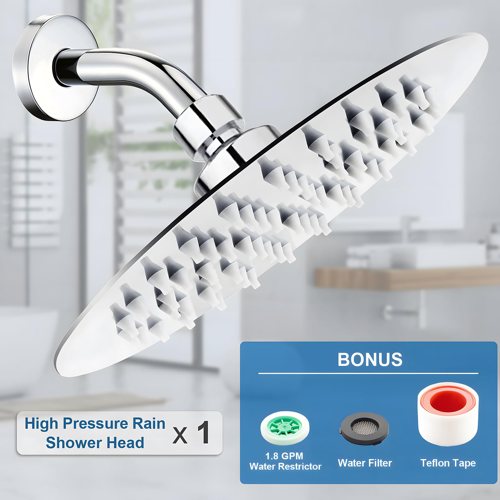 AISINYI High Pressure Rainfall Shower Head, 6 Inches Showerhead with Perfect Adjustable Replacement, Removable Restrictor, Easy Installation for Your Bathroom Shower Heads (Chrome Finish, Ultra-thin)