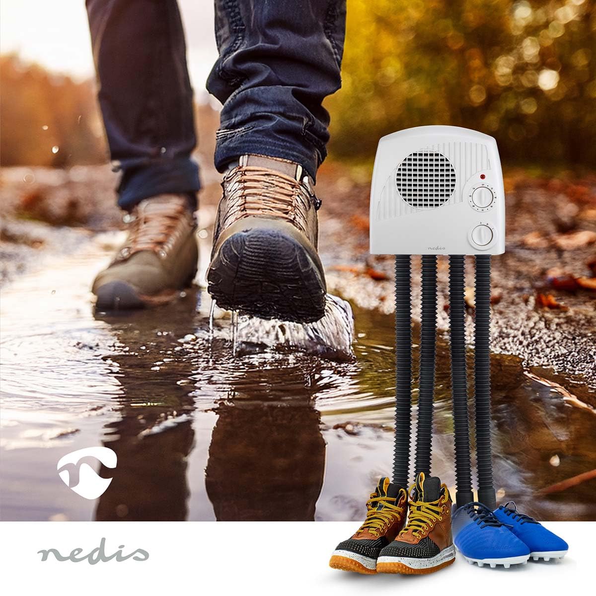 NEDIS HTSH40WT | Sèche-chaussures et bottes mural électrique | 350 W | 4 sorties d’air pour 2 paires | Minuterie 10 à 120 minutes | Protection contre la surchauffe | Blanc